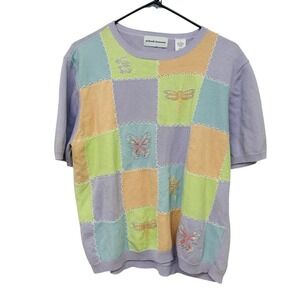 Cottagecore Patchwork Knit Top L Pastel Embroidered Dragonfly Indie Whimsical